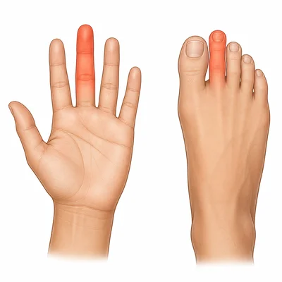 A highlighted finger on a hand and a highlighted toe on a foot.