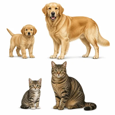 A puppy with an adult dog and a kitten with an adult cat.
