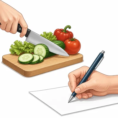 A knife cutting food and a pen writing on paper.