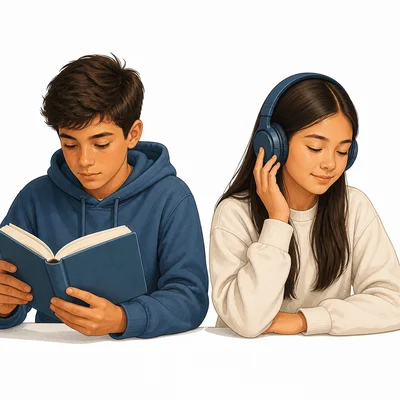 A student reading a book and another student listening to music.