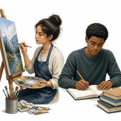 A painter with a brush and a writer with a pencil.
