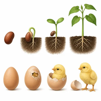 A seed becoming a plant and an egg hatching into a chick.