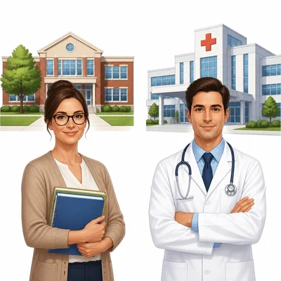 A teacher with a school and a doctor with a hospital.