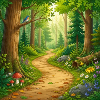 A forest path winding through green trees with flowers, leaves, and sunlight.
