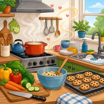 A busy kitchen with steaming food, cookies, vegetables, a mixing bowl, and dishes.