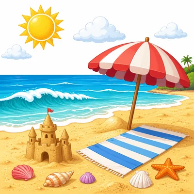 A sunny beach with sand, ocean waves, shells, an umbrella, and a sandcastle.