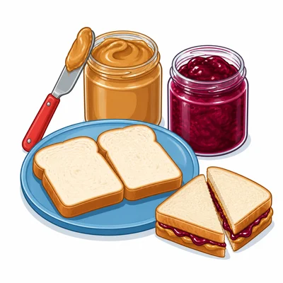 Bread, peanut butter, jelly, and a finished sandwich.