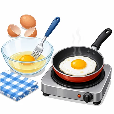 An egg being cracked, stirred, and cooked in a pan.