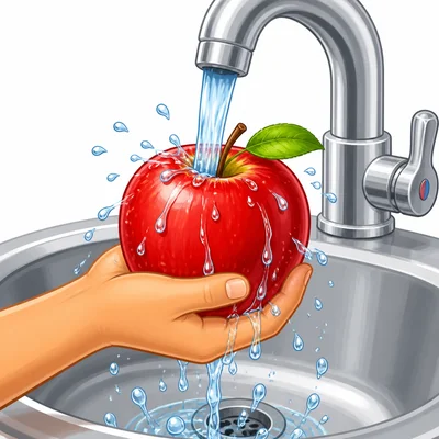 An apple being washed under running water.