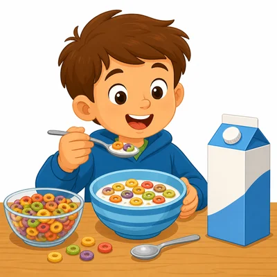 A bowl, spoon, cereal, and milk for making cereal.
