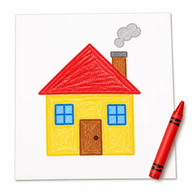 A simple house drawing with a roof, door, and windows.