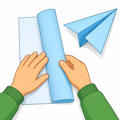 Hands folding paper with a paper airplane nearby.