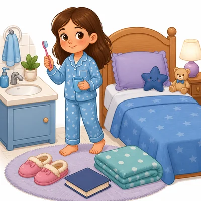 A child getting ready for bed with bedtime routine items.