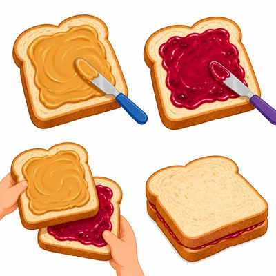 Steps for making a peanut butter and jelly sandwich.