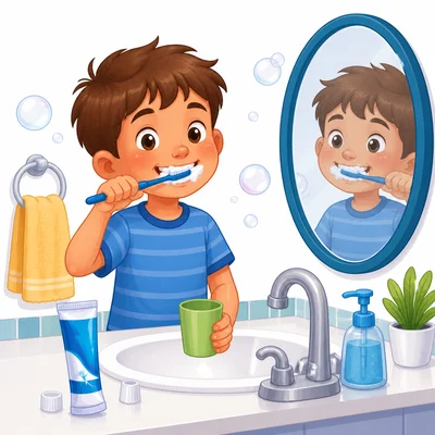 A child brushing teeth at the sink.