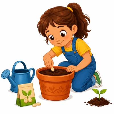 A child planting a seed in soil.