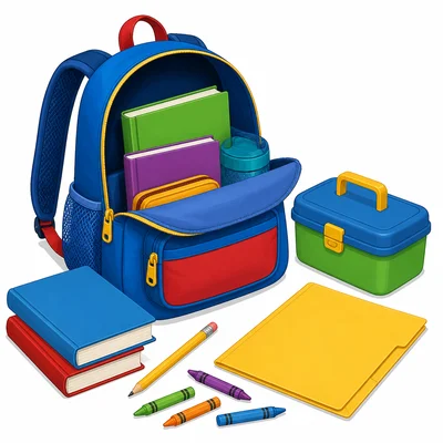 An open backpack with school supplies ready to pack.