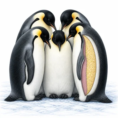 Penguins huddle on ice, showing feathers and a body fat layer that help keep them warm.