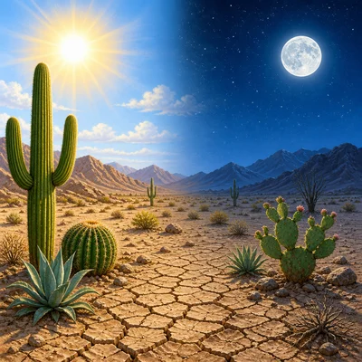 A dry desert with cacti, cracked ground, sun, and moon showing hot days and cold nights.