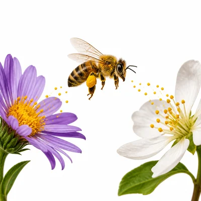 A bee carries pollen between two flowers.