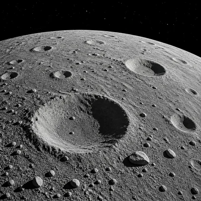 The moon’s dusty surface with craters and rocks.