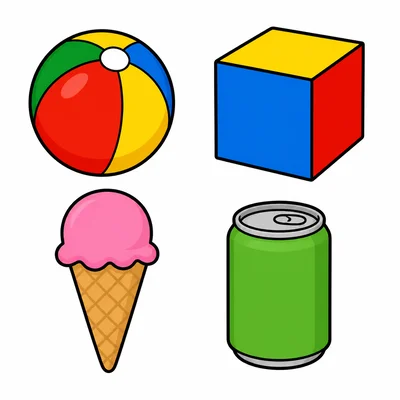 A ball, cube, ice cream cone, and can.