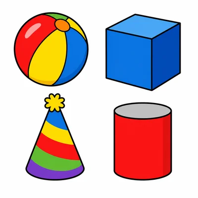 A ball, block, party hat, and can for matching shapes.