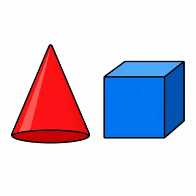 A cone and a cube side by side.