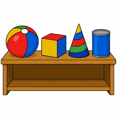 Common objects shaped like a sphere, cube, cone, and cylinder.