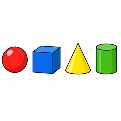 A sphere, cube, cone, and cylinder shown together.