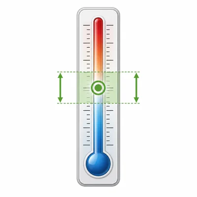 A thermometer showing a temperature range around a central target level.
