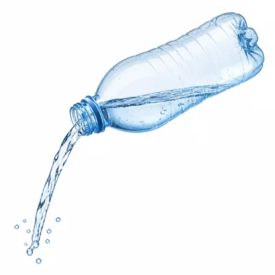 Water pouring out of a bottle with some water remaining inside.
