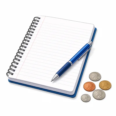A notebook and pen with coins nearby.