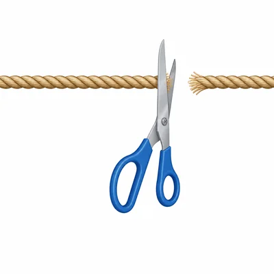 A rope being cut into a long piece and a shorter piece.