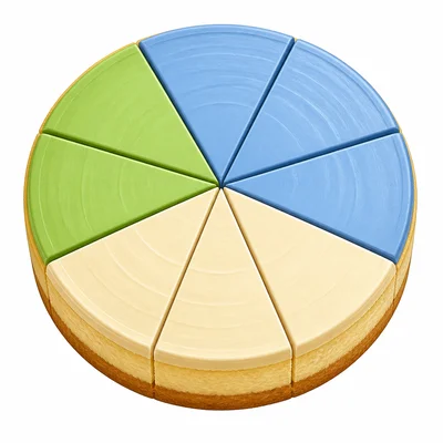 A cake divided into eight slices with five slices highlighted in two colors.