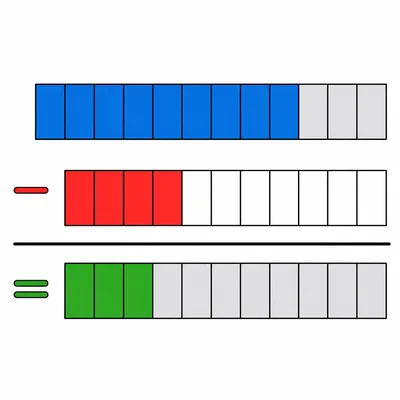 A fraction bar showing nine twelfths with five twelfths removed, leaving four twelfths.