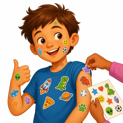A child with colorful stickers and more stickers being added.