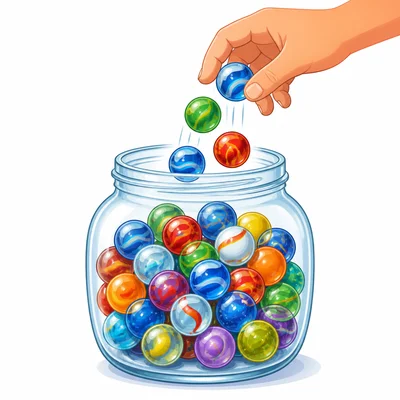 A jar of marbles with more marbles being added.