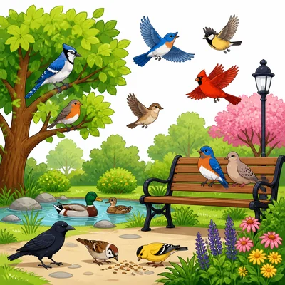 Birds in a park with more birds arriving.