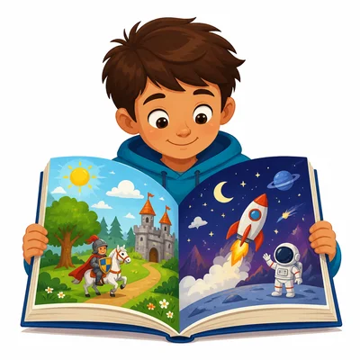 A child reading a book with pages representing reading on two days.