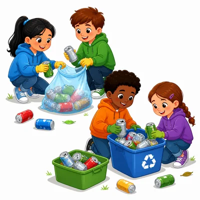 Children collecting cans in two groups for recycling.