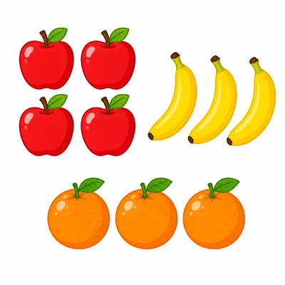 Groups of apples, bananas, and oranges for counting fruit votes.