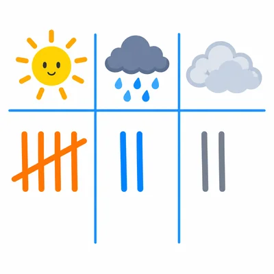 Weather icons with tally marks for sunny, rainy, and cloudy days.