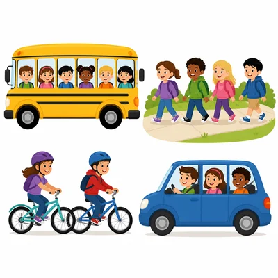 Groups of students showing ways to get to school: bus, walking, biking, and car.