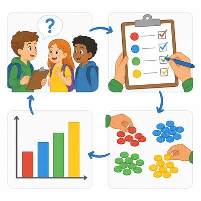Four steps for collecting and organizing data: ask, record, count, and graph.