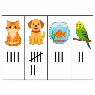 A pet tally chart with cats, dogs, fish, and birds.