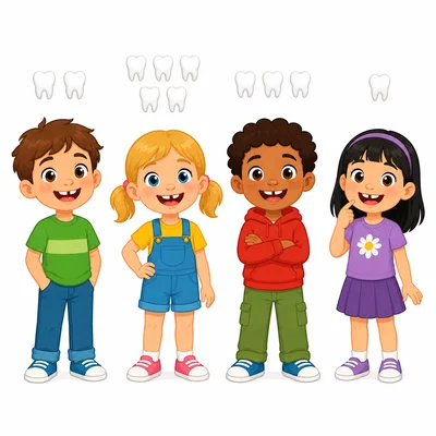 Four children with different numbers of tooth icons beside them.