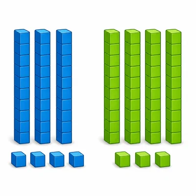 Two groups of base-ten blocks: three tens rods with four cubes, and four tens rods with three cubes.