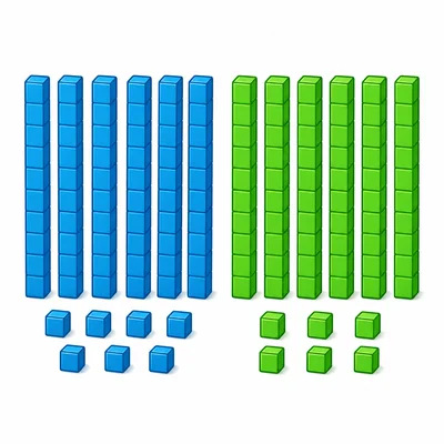 Two base-ten block groups: six rods with seven cubes, and seven rods with six cubes.