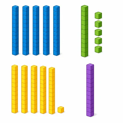 Four base-ten block groups showing five rods, one rod with five cubes, five rods with one cube, and one rod.